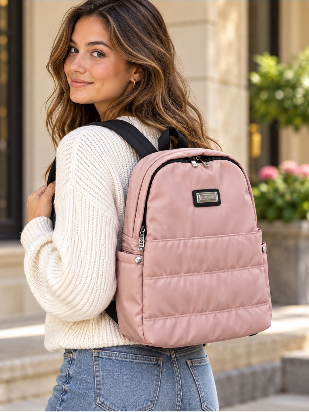 Madden Girl Blush Pink Quilted Nylon Backpack Silver Hardware